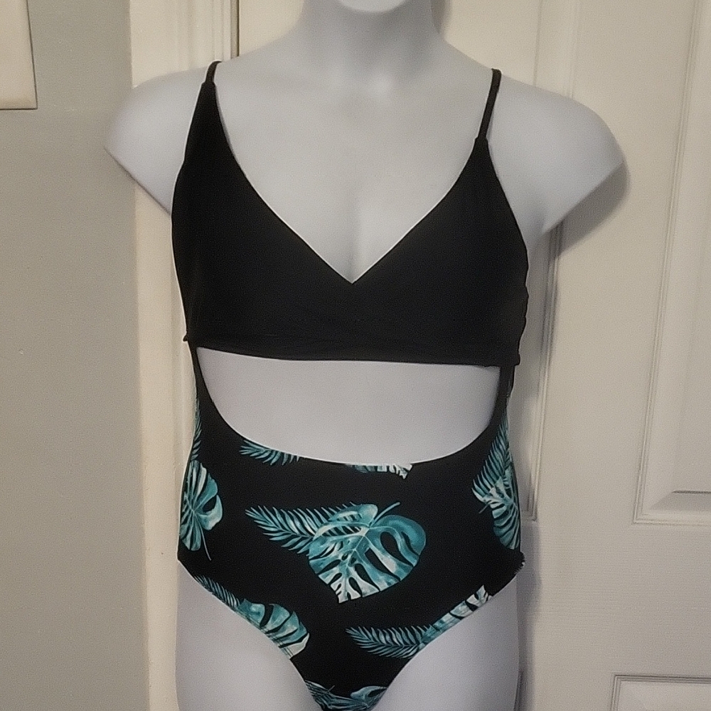 SHEIN Black and Teal Leaf Print One Piece Swimsuit